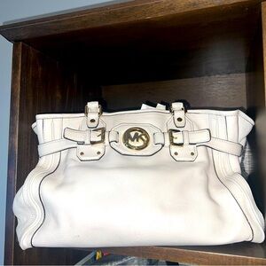 Pebble Leather Michael Kors Large TZ Hudson Satchel, Vanilla/Off White/Ivory